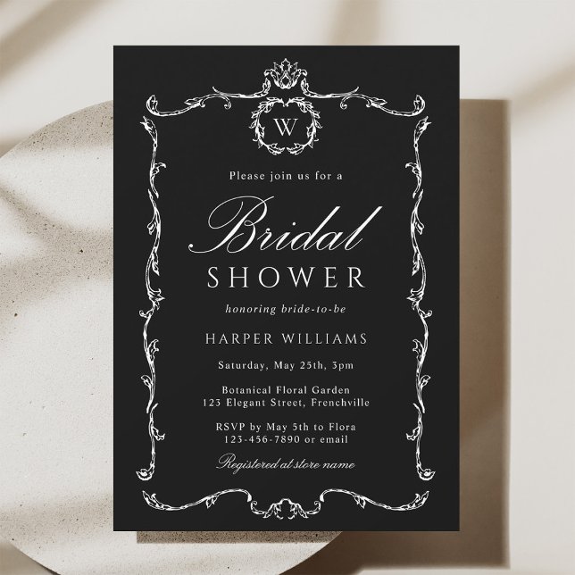 Modern Classic French Frame Bridal Shower Black Invitation (Creator Uploaded)
