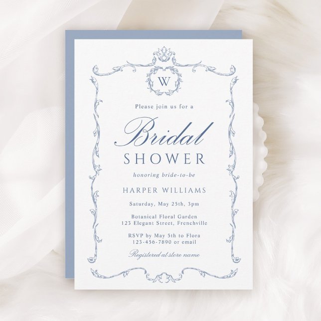 Modern Classic French Frame Bridal Shower Blue     Invitation (Creator Uploaded)