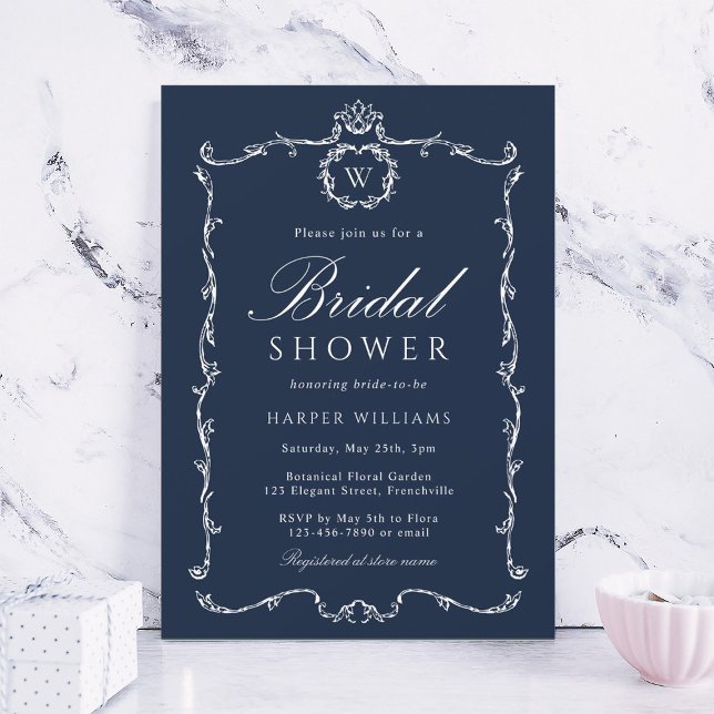 Modern Classic French Frame Bridal Shower Navy Invitation (Creator Uploaded)