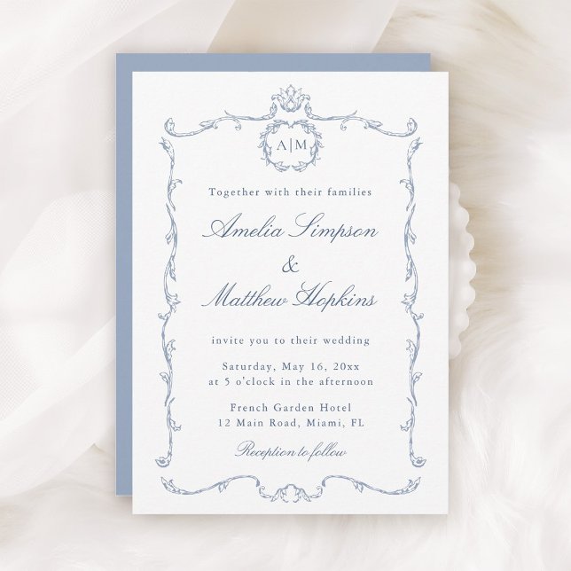 Modern Classic French Frame Wedding Dusty Blue Invitation (Creator Uploaded)
