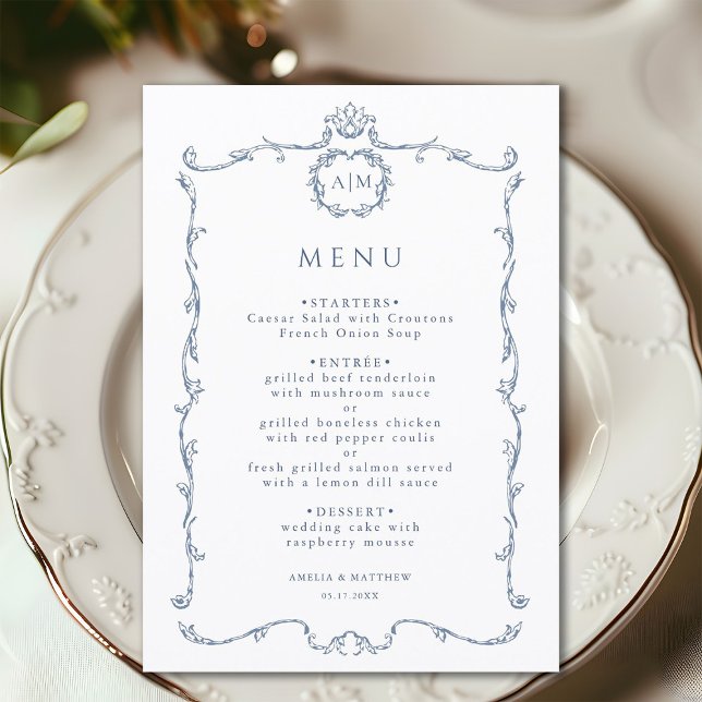 Modern Classic French Frame Wedding Dusty Blue Menu (Creator Uploaded)
