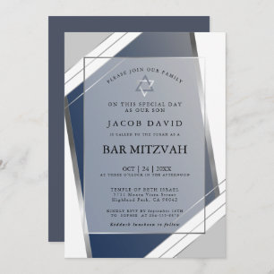 Modern Classic Geometric Blue SIlver Bar Mitzvah I Invitation