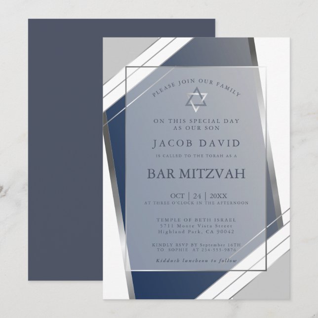 Modern Classic Geometric Blue SIlver Bar Mitzvah Invitation (Front/Back)