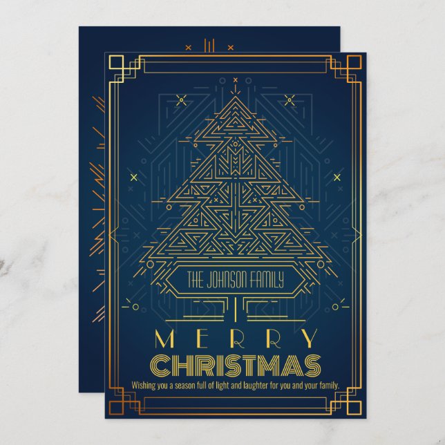 Modern Classic Gold Blue Geometric Christmas Tree Holiday Card (Front/Back)