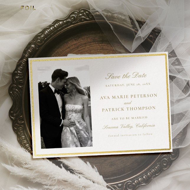Modern Classic Gold Brush Photo Wedding Save Date (wedding photo save the date gold brushed frame formal modern classic elegant stately royal)