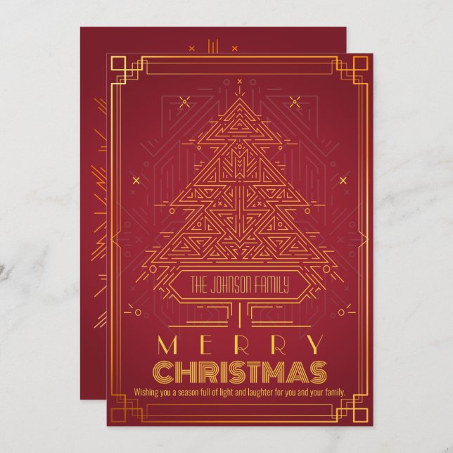 Modern Classic Gold Red Geometric Christmas Tree Holiday Card (Front/Back)