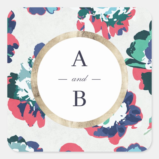 Modern classic green gold abstract floral monogram square sticker (Front)