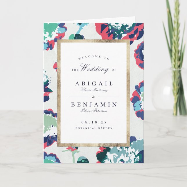 Modern classic green gold abstract floral wedding program (Front)