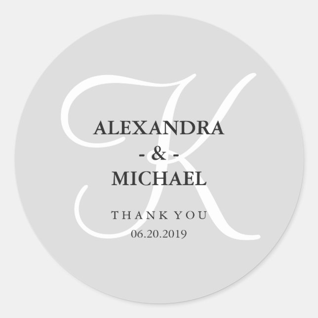 Modern Classic Grey Monogram and Thank You Classic Round Sticker (Front)