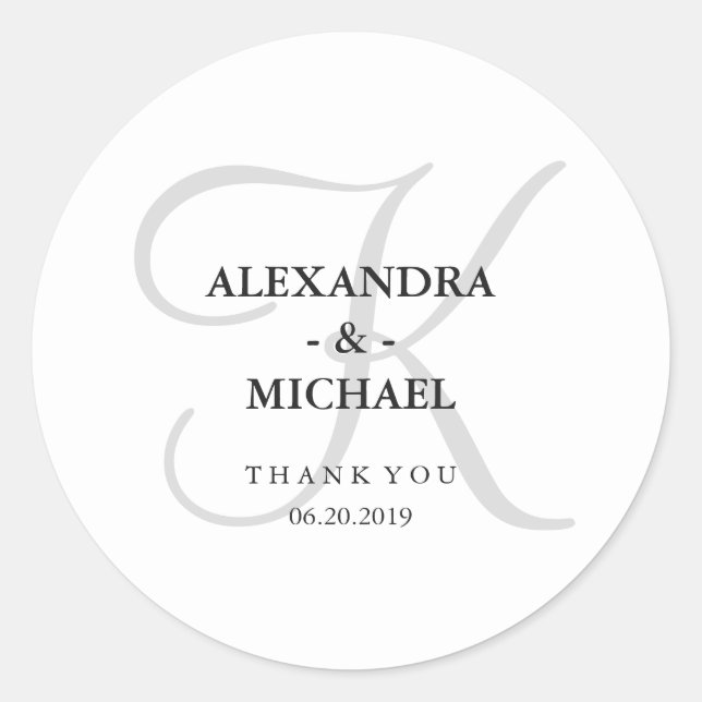 Modern Classic Grey Monogram Wedding Classic Round Sticker (Front)