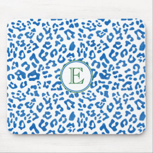 Modern Classic Ladies Blue Leopard Print Monogram Mouse Pad