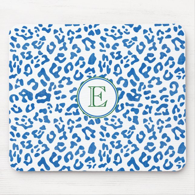 Modern Classic Ladies Blue Leopard Print Monogram Mouse Pad (Front)