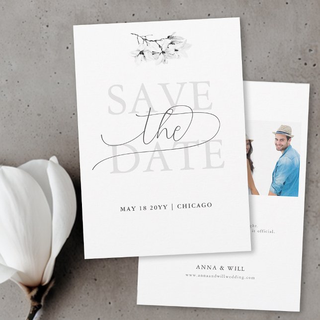 Modern Classic Magnolia BW Wedding Save the Date Invitation (Classic Magnolia Wedding Save the Date Simple Elegant Modern Black and White Calligraphy Two Photos)