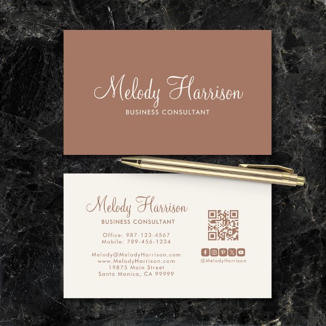 Modern Classic Minimalist Elegant Mocha QR Code Business Card (Modern Classic Minimalist Elegant Mocha Brown QR Code Business Card with Social Media Icons.)