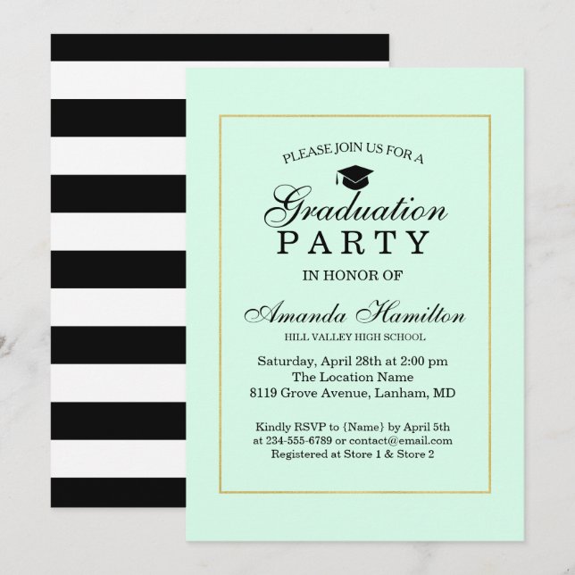 Modern Classic Mint green gold Frame Graduation Invitation (Front/Back)