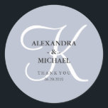 Modern Classic Monogram | Dusty Blue Thank You Round Sticker<br><div class="desc">These stylish wedding stickers have a dusty blue background,  and a large white calligraphy monogram.</div>