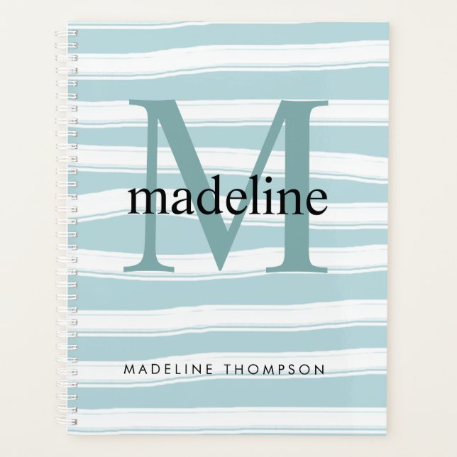 Modern Classic Monogram Mint Green Stripes Initial Planner (Front)