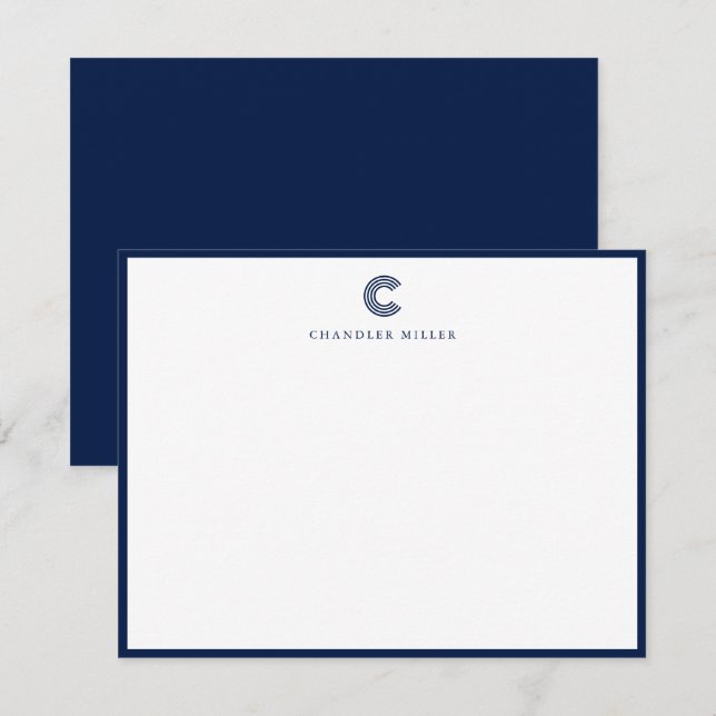 Modern Classic Navy Blue Border Custom Stationery Card (Front/Back)