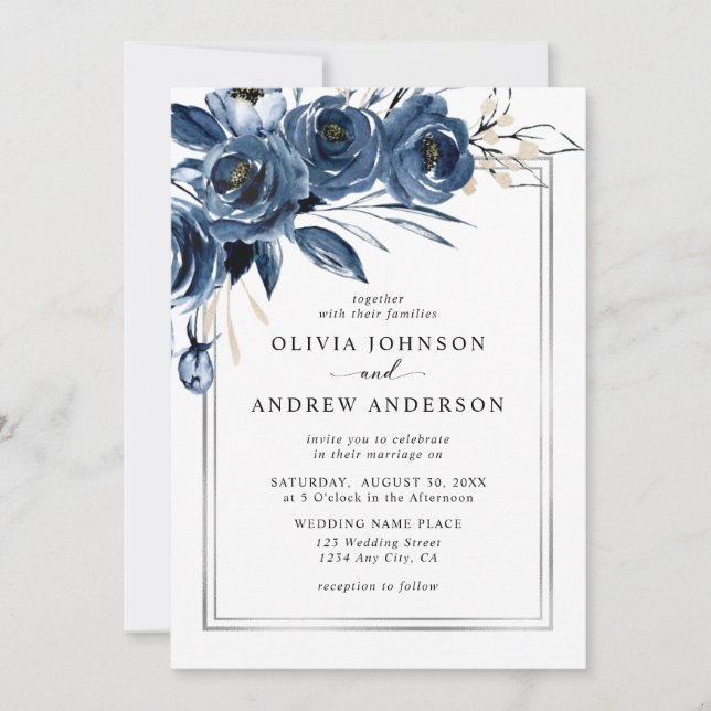 Modern Classic Navy Blue & Silver Floral Wedding Invitation (Front)
