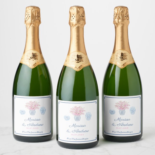 Modern Classic Navy & Blush Ginger Jar Wedding Sparkling Wine Label (Bottles)