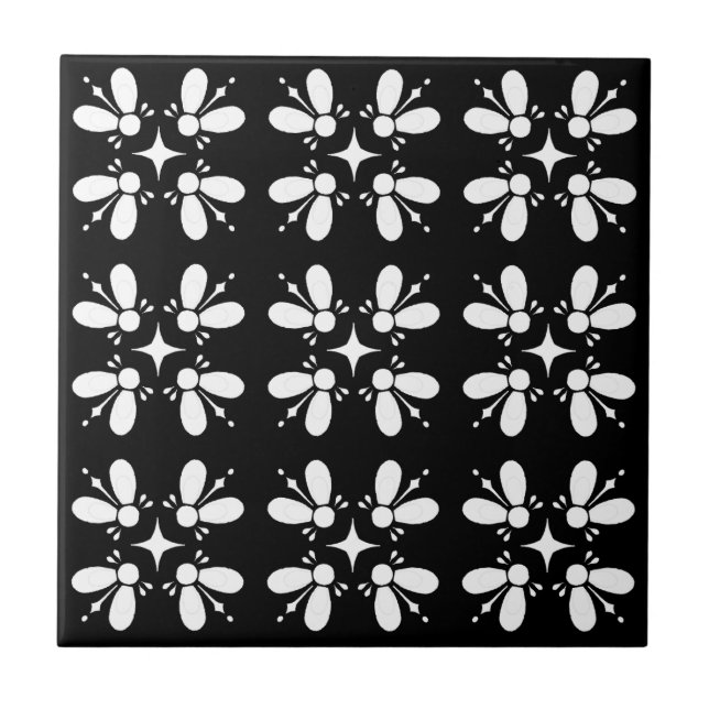 Modern classic pattern l Black and white floral Ceramic Tile (Front)