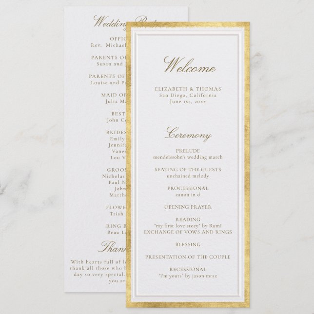 Modern Classic Pearl Gold Formal Wedding Program (Front/Back)