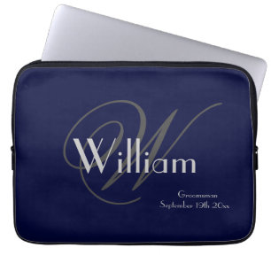Modern Classic Personalised Name + Monogram Navy Laptop Sleeve