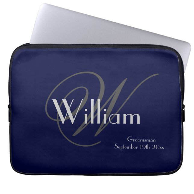 Modern Classic Personalised Name + Monogram Navy  Laptop Sleeve (Front)