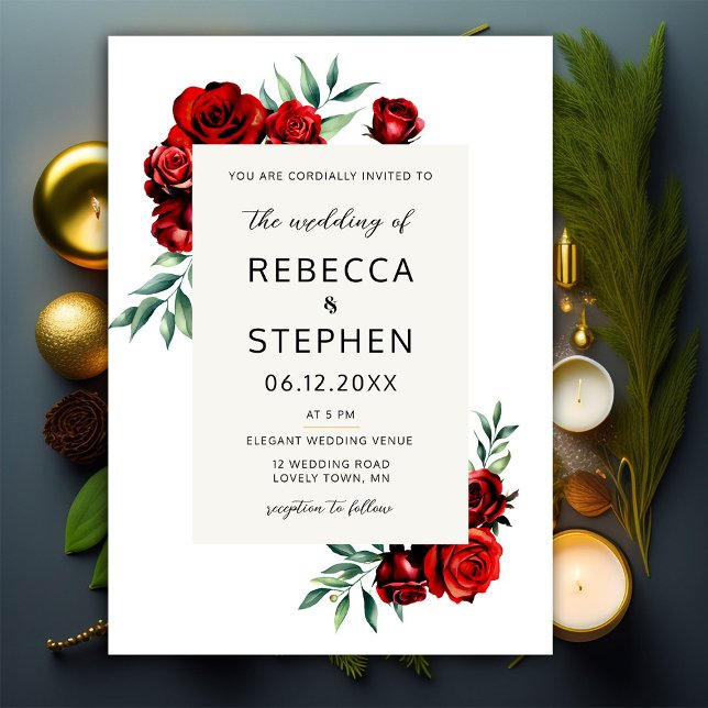 Modern Classic Red Rose Ivory Floral Frame Wedding Invitation (Creator Uploaded)