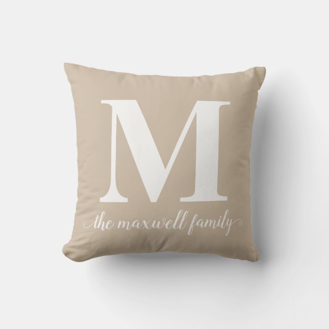 Modern Classic Rustic Beige Monogram Family Script Cushion (Front)