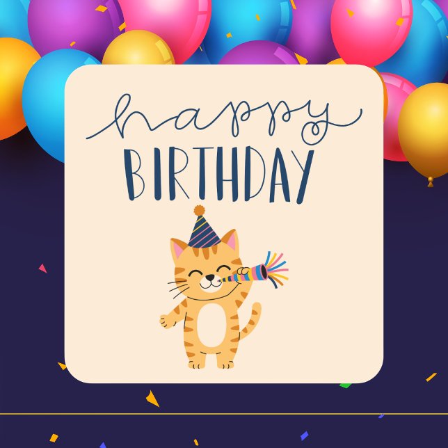 Modern Classic Simple Happy Birthday Cat Square Sticker (Creator Uploaded)