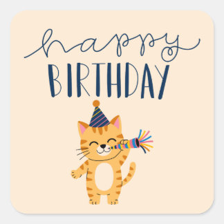 Modern Classic Simple Happy Birthday Cat Square Sticker