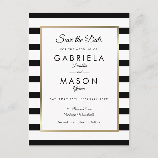 Modern Classic Stripe Wedding Photo Save the Date Postcard (Front)
