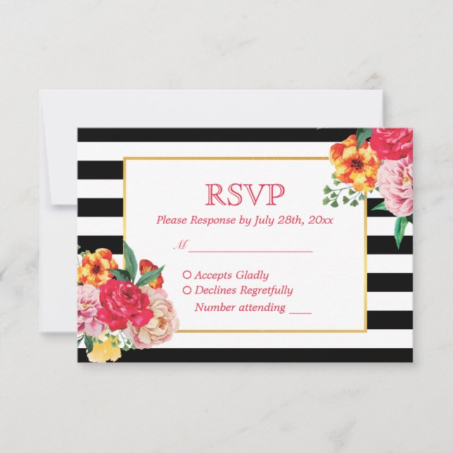Modern Classic Striped Floral Peony Wedding RSVP Card (Front)