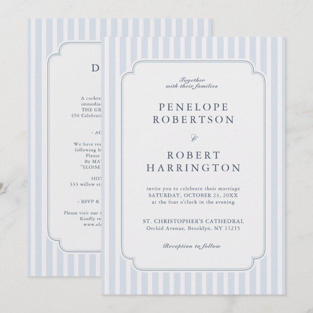 Modern Classic Stripes Blue All in one  Wedding Invitation (Front/Back)