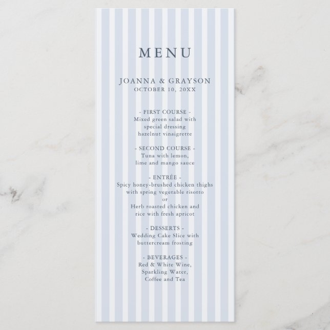 Modern Classic Stripes Dusty Blue Vintage Wedding Menu (Front)