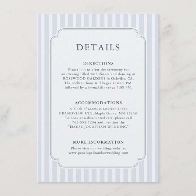 Modern Classic Stripes Dusty Blue Wedding Details Enclosure Card (Front)