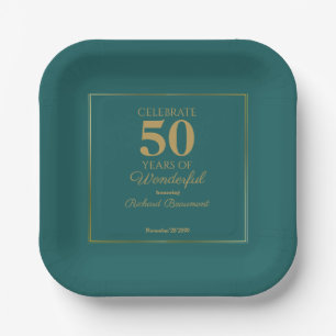 Modern Classic Teal Gold Wonderful 50th Birthday Paper Plate