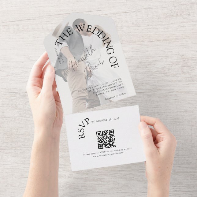 Modern Classic the Arch Photo QR code Wedding All In One Invitation (Tearaway)