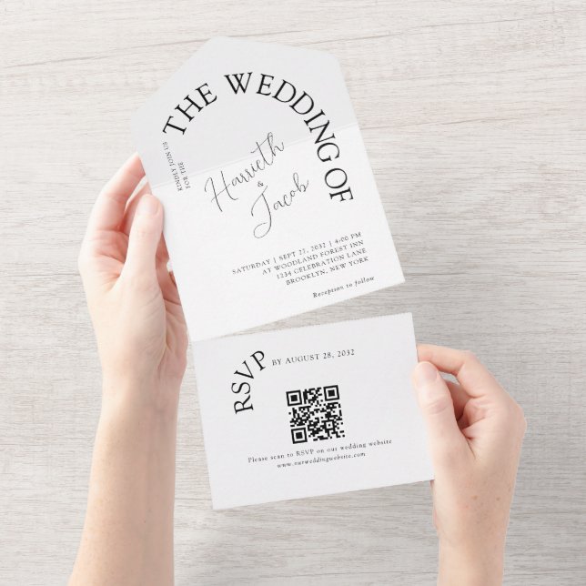 Modern Classic the Arch Typography QR code Wedding All In One Invitation (Tearaway)