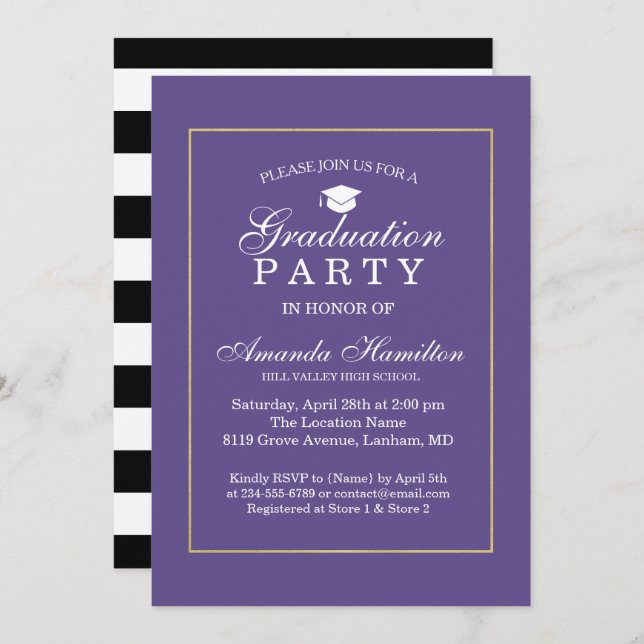 Modern Classic Ultra violet gold Frame Graduation Invitation (Front/Back)