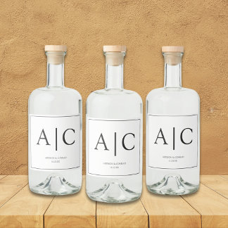 Modern Classic White Monogram Wedding Liquor Bottle Label