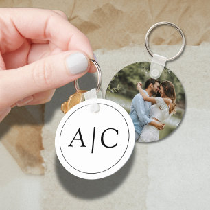 Modern Classic White Monogram Wedding Photo Key Ring