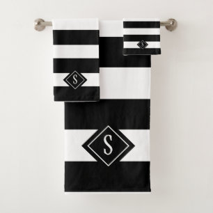Modern Classy Black And White Stripes Monogram Bath Towel Set