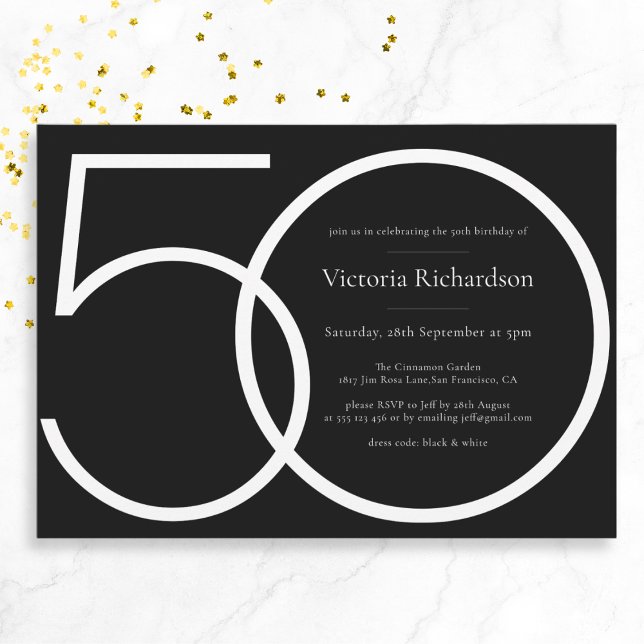 Modern Classy Black White Minimalist 50th Birthday Invitation (Mockup view)