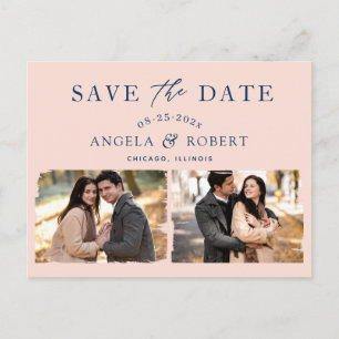 Modern Classy Blush Navy 2 Photo Save the Date Postcard