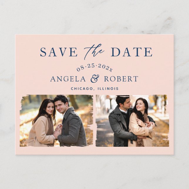 Modern Classy Blush Navy 2 Photo Save the Date Postcard (Front)
