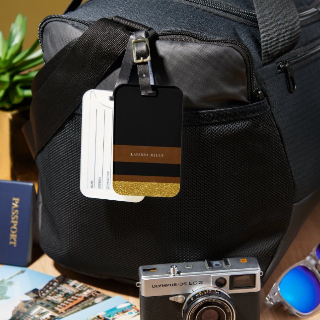 Modern Classy Brown Gold Black  Luggage Tag (Front & Back)