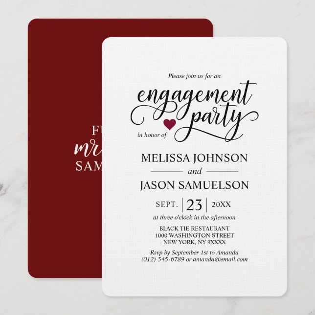 Modern Classy Burgundy Heart Engagement Party Invitation (Front/Back)