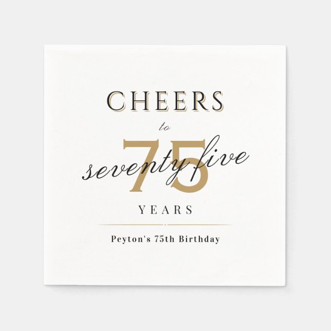 Modern classy cheers to 75 years birthday party napkin (Front)